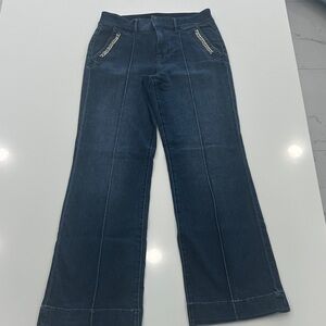 Elegant White House Black Market Dark Blue Flare Jeans with Chain Accent